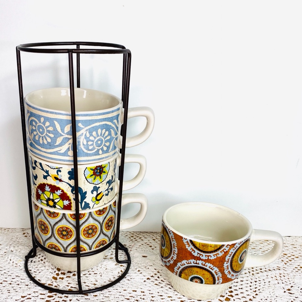 Colorful Ceramic Mug Set with Stand Pier 1